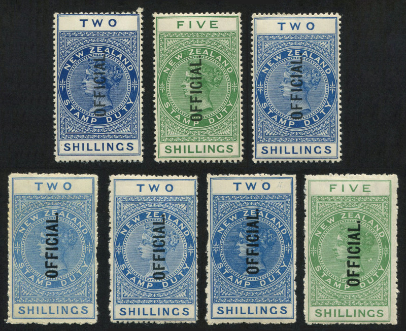 NEW ZEALAND - Official Stamps: 1913-25 Postal Fiscals optd 'OFFICIAL.' with 1913-14 P14 2/- x3 (shades) and 5/-, 1915 P14½x14 2/- deep blue & 5/- and 1925 2/- blue SG #O82-O87 group, fine MLH/MVLH, Cat £525.