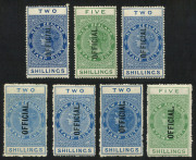 NEW ZEALAND - Official Stamps: 1913-25 Postal Fiscals optd 'OFFICIAL.' with 1913-14 P14 2/- x3 (shades) and 5/-, 1915 P14½x14 2/- deep blue & 5/- and 1925 2/- blue SG #O82-O87 group, fine MLH/MVLH, Cat £525.