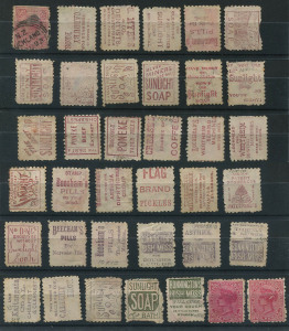 NEW ZEALAND: 1882-1900 "Adsons" array with 1d (37) two with green adverts plus two mint one with Ellipse flaw (tear), 2d (4) one mint, 2½d (6) including pair, plus two singles with green adverts, 3d (5), 4d (2), 5d, 6d (3) and 1/-.