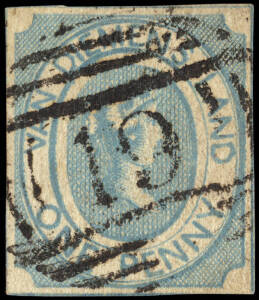 1853 (SG.2) 1d Blue Courier, on medium soft yellowish paper; margins touching and cancelled with scarce BN '19' of Port Arthur. Cat.&pound;1400.