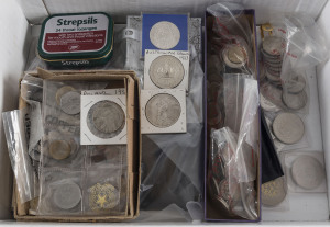 Coins & Banknotes: General & Miscellaneous Lots: Accumulation with coins including Australia 1981 RAM coin sets x2, 1977 Silver Jubilee/Royal Visit PNC, 1988 $5 Unc, also circulated 1937 Crown (0.925 silver), USA 1923 silver dollar, 1970s dollars x6 and half-dollars x12, Poland 1932 10z, 1966 Millennium 100z (Unc), box of circulated Australia pennies, world circulated coins in two boxes mostly minors, some silver incl. from Australia; also few Czechoslovakian banknotes and Melbourne 1956 Melbour