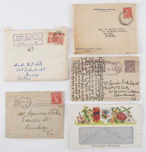 COMMONWEALTH OF AUSTRALIA: Postal History: 1936-39 (few earlier) KGV or KGVI 2d letter-rate covers, many being Commonwealth Parliament Library (Canberra) covers from Larry Lake (Parliamentary Librarian) to family members, also three 1936 covers with 'Posted in Late Fee/letter receiver at/ALBURY RAILWAY STATION/To pay...1d' boxed handstamps (one a superb strike); other postmark interest likely. Mixed condition with many covers retaining their original enclosures. (200+)