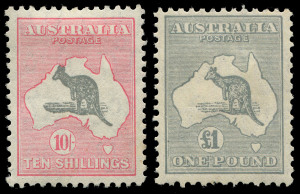 COMMONWEALTH OF AUSTRALIA: Kangaroos - CofA Watermark: £1 Grey slight thin, split perf, mild gum aging; also 10/- grey & pink, excellent centring, fine mint; BW:50&54 - $1750.