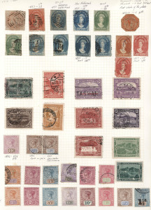 AUSTRALIAN COLONIES & STATES - General & Miscellaneous Lots: Collection on album pages with Tasmania imperf 4d Courier (2, one internal fault, other cut-to-shape), imperf Chalons 1d, 2d, & 4d (4, one possibly unused) & 6d, perforated Chalons to 1/-, Tablets 2/6d pair used, plus 10/- mint; Victoria with 3d yellow-orange optd 'STAMP DUTY' & mint 1900 Charity Fund set; WA with imperf 1d black, modest selections from NSW, Queensland & SA; many stamps are partially adhered to album pages due to expo