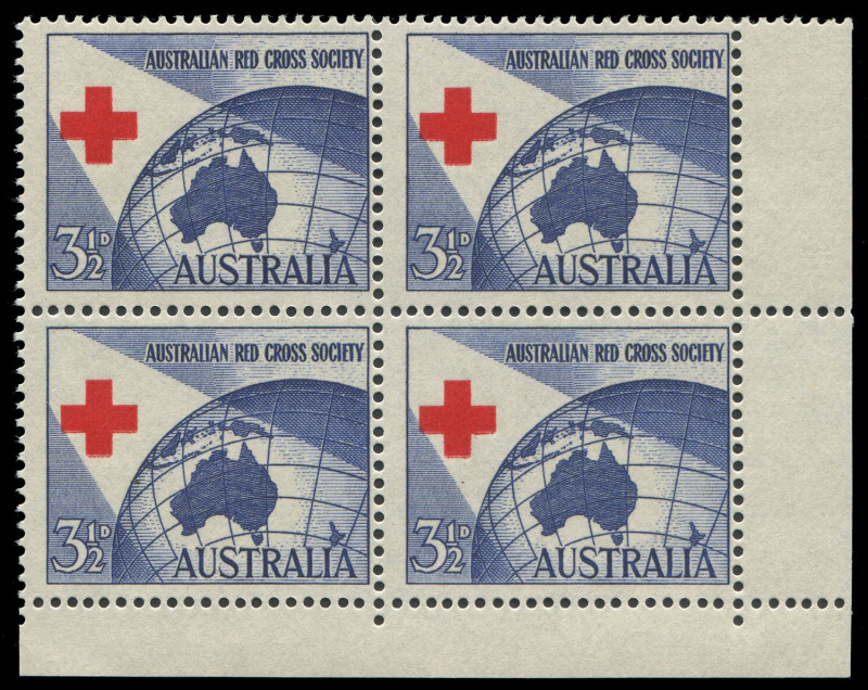 COMMONWEALTH OF AUSTRALIA: Other Pre-Decimals: 1954 (SG.276) 3½d Red Cross Anniversary corner block of 4 all units with Red Cross misplaced to lower left into the blue blackground area BW:312c, fresh MUH, Cat.$600+.