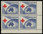 COMMONWEALTH OF AUSTRALIA: Other Pre-Decimals: 1954 (SG.276) 3½d Red Cross Anniversary corner block of 4 all units with Red Cross misplaced to lower left into the blue blackground area BW:312c, fresh MUH, Cat.$600+.