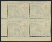 COMMONWEALTH OF AUSTRALIA: Other Pre-Decimals: 1954 (SG.276) 3½d Red Cross Anniversary corner block of 4 all units with Red Cross misplaced to lower left into the blue blackground area BW:312c, fresh MUH, Cat.$600+. - 2