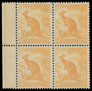 COMMONWEALTH OF AUSTRALIA: Other Pre-Decimals: 1937-49 No Watermark P14¾x14 ½d Roo coil perf "Mellow Yellow" (bright orange-yellow) BW:180C rows 7-8 marginal block of 4 with characteristic ink seepage evident in sheet margin, MUH, Cat. $800+. Advertised r