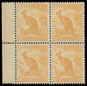 COMMONWEALTH OF AUSTRALIA: Other Pre-Decimals: 1937-49 No Watermark P14&frac34;x14 &frac12;d Roo coil perf "Mellow Yellow" (bright orange-yellow) BW:180C rows 7-8 marginal block of 4 with characteristic ink seepage evident in sheet margin, MUH, Cat. $800+. Advertised r