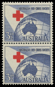 COMMONWEALTH OF AUSTRALIA: Other Pre-Decimals: 1954 3½d Red Cross Anniversary pair both units with Red Cross misplaced to upper right into the blue blackground area beneath 'A' of 'AUSTRALIAN' BW #312c, fresh MUH, Cat $300+.