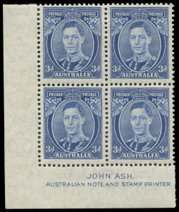 COMMONWEALTH OF AUSTRALIA: Other Pre-Decimals: 1937-49 (SG.168ca) KGVI 3d blue Die II Thin Paper Ash imprint block of 4 BW:194za, faint tone between lower units, MUH, Cat.$400.