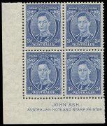COMMONWEALTH OF AUSTRALIA: Other Pre-Decimals: 1937-49 (SG.168ca) KGVI 3d blue Die II Thin Paper Ash imprint block of 4 BW:194za, faint tone between lower units, MUH, Cat.$400.
