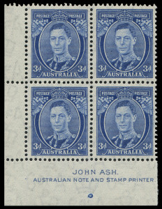 COMMONWEALTH OF AUSTRALIA: Other Pre-Decimals: 1937-49 (SG.168ca) KGVI 3d blue Die II Thin Paper Ash imprint block of 4 BW:194za with perf pip at base, well centred with full perfs, fresh MUH, Cat.$400.