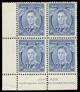 COMMONWEALTH OF AUSTRALIA: Other Pre-Decimals: 1937-49 (SG.168c) KGVI 3d blue Die II Thick Paper Ash imprint block of 4 BW:194za, very fresh MUH, Cat.$400.