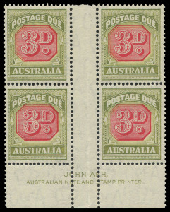COMMONWEALTH OF AUSTRALIA: Postage Dues: 1938 Wmk Crown CofA 3d carmine & yellow-green Ash imprint gutter block of 4, well centred with good perfs, fresh MUH, BW:D125Bz - Cat.$450.