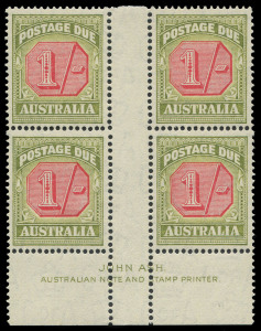 COMMONWEALTH OF AUSTRALIA: Postage Dues: 1938 Intaglio Frame Plates Comb Perf Wmk Crown CofA 1/- carmine & yellow-green Ash imprint (no dot) gutter block of 4 BW #D128Bz, well centred with good perfs, fresh MUH, Cat $700.