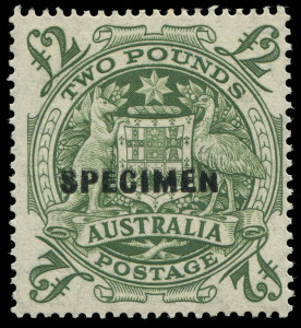 COMMONWEALTH OF AUSTRALIA: Other Pre-Decimals: 1948-56 (SG.224a-224d) Arms Overprinted 'SPECIMEN' 10/- to £2 set, the £2 value with severe under-inking on the upper half of the overprint, fine mint, BW:269x-71x - Cat.$150 plus premium for the £2 overprint flaw.