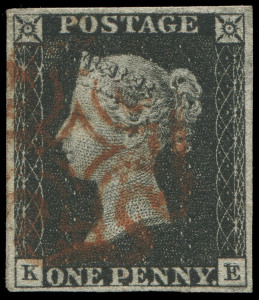 GREAT BRITAIN: 1840 (SG.2) 1d black Plate 2 [KE], complete balanced margins, neatly struck Maltese Cross cancel in brownish-red, Cat. &pound;375.