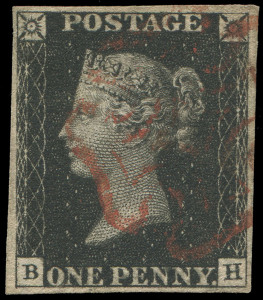 GREAT BRITAIN: 1840 (SG.2) 1d black Plate 8 [BH], complete close to good margins, lightly struck Maltese Cross cancel in red, Cat. &pound;525.
