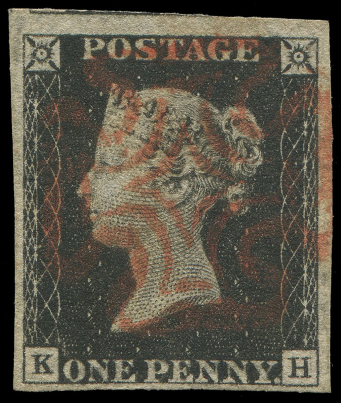 GREAT BRITAIN: 1840 (SG.2) 1d black Plate 1b [KH], good to large margins, fragment of adjoining stamp evident at top, neatly struck Maltese Cross cancel in red, Cat. £425.