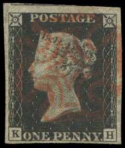 GREAT BRITAIN: 1840 (SG.2) 1d black Plate 1b [KH], good to large margins, fragment of adjoining stamp evident at top, neatly struck Maltese Cross cancel in red, Cat. &pound;425.