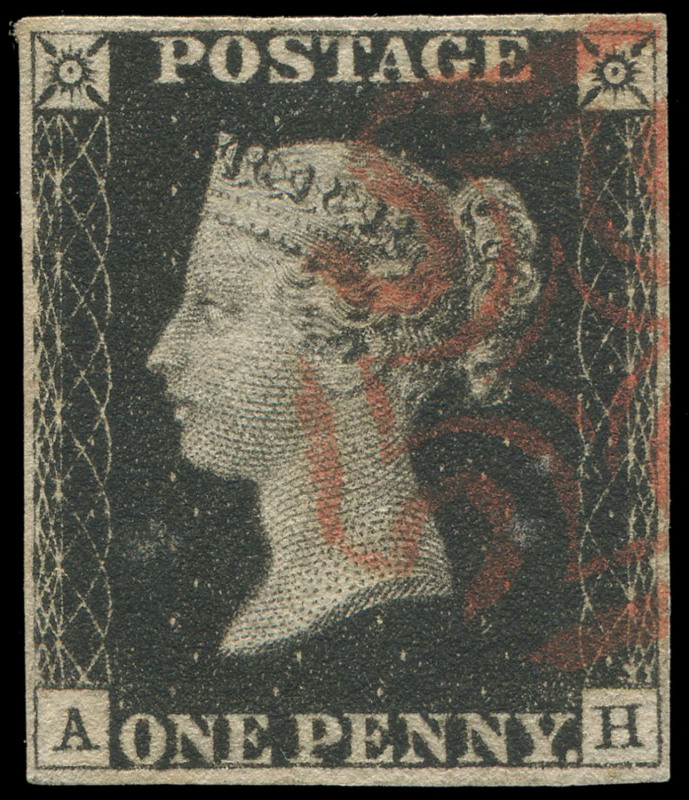 GREAT BRITAIN: 1840 (SG.2) 1d black Plate 6 [AH], complete closely-cut balanced margins, neatly struck Maltese Cross cancel in vermilion-red, Cat. £425.