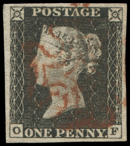 GREAT BRITAIN: 1840 (SG.2) 1d black [OF], flattened vertical crease at right, very good to large margins, tidy strike of Maltese Cross cancel in deep red, Cat &pound;425. Most attractive.