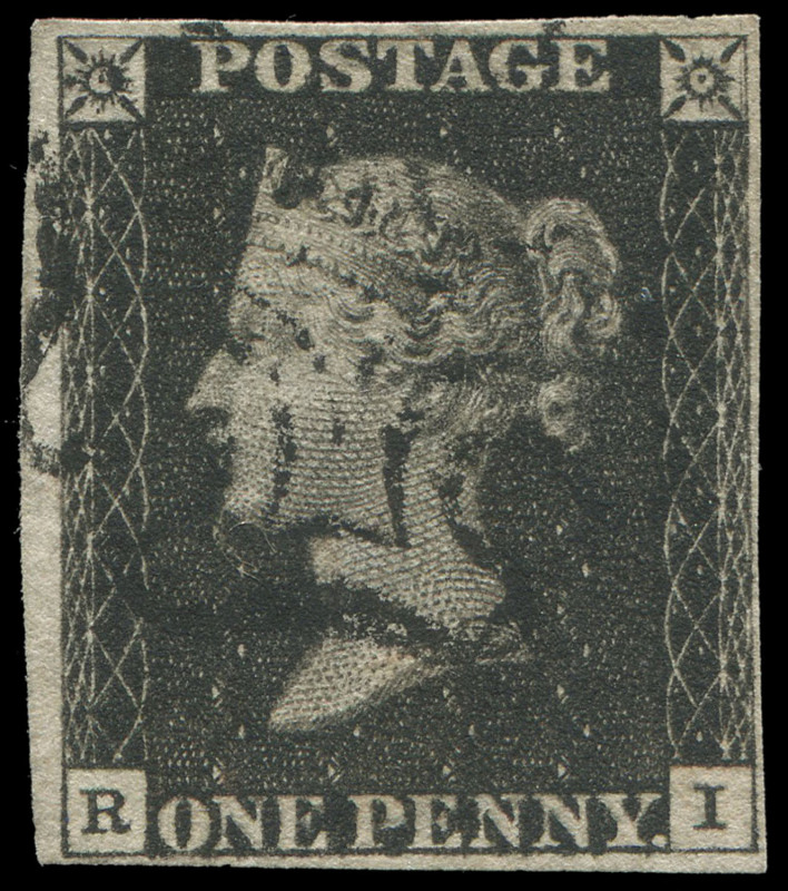 GREAT BRITAIN: 1840 (SG.2) 1d black Plate 7 [RI], complete close to large margins, neatly struck Maltese Cross cancel in black, Cat £400.