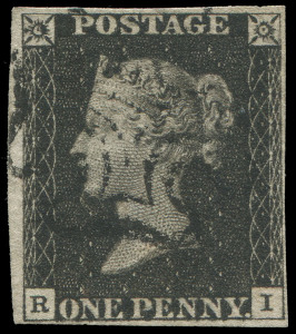 GREAT BRITAIN: 1840 (SG.2) 1d black Plate 7 [RI], complete close to large margins, neatly struck Maltese Cross cancel in black, Cat &pound;400.