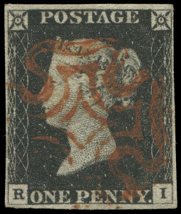 GREAT BRITAIN: 1840 (SG.2) 1d black Plate 2 [RI], attractive four-margin example with centrally struck Maltese Cross cancel in red, Cat. &pound;425.