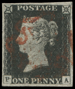 GREAT BRITAIN: 1840 1d (SG.1) intense-black Plate 2 [PA] with some doubling of letter 'P', barely perceptible flattened vertical crease at left, four good to large balanced margins, tidy Maltese Cross cancel in red, Cat &pound;425. Of very pleasing appearance.