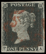 GREAT BRITAIN: 1840 1d (SG.1) intense-black Plate 2 [PA] with some doubling of letter 'P', barely perceptible flattened vertical crease at left, four good to large balanced margins, tidy Maltese Cross cancel in red, Cat &pound;425. Of very pleasing appearance.