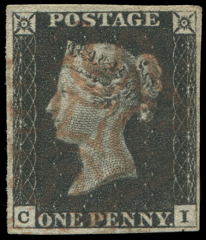 GREAT BRITAIN: 1840 (SG.2) 1d black Plate 5 [CI] complete close to good margins, lightly struck Maltese Cross cancel in red, Cat £425.