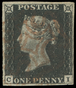 GREAT BRITAIN: 1840 (SG.2) 1d black Plate 5 [CI] complete close to good margins, lightly struck Maltese Cross cancel in red, Cat &pound;425.