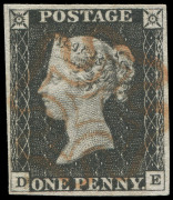 GREAT BRITAIN: 1840 (SG.2) 1d black Plate 3 [DE], four good balanced margins, centrally struck Maltese Cross cancel in red, Cat. £500. Lovely example of a scarcer plate.