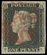 GREAT BRITAIN: 1840 (SG.3) 1d grey-black Plate 1a [PL], four very good balanced margins, lightly struck Maltese Cross cancel in red, Cat. £500. A very nice example of this scarcer shade.