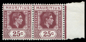 MAURITIUS: 1938-49 (SG.259a) KGVI Definitives 25c brown-purple ordinary paper variety 'IJ' flaw [R 3/6] SG #259ba, being the right-hand unit of a marginal pair, fresh MUH, Cat £300. Seldom offered.