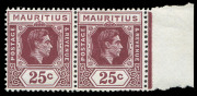 MAURITIUS: 1938-49 (SG.259a) KGVI Definitives 25c brown-purple ordinary paper variety 'IJ' flaw [R 3/6] SG #259ba, being the right-hand unit of a marginal pair, fresh MUH, Cat &pound;300. Seldom offered.