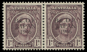 COMMONWEALTH OF AUSTRALIA: BCOF Japan: 1949-49 1d Queen Elizabeth pair with "Proof overprint in black" BW:J2PP(2)A, right-hand unit with unlisted overprint flaw "Broken tops of lettering to B, F, N & 9", very fresh MUH as issued, with normal issued stamp for comparison, Cat. $700+.
