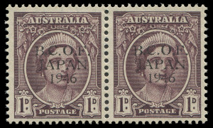 COMMONWEALTH OF AUSTRALIA: BCOF Japan: 1949-49 1d Queen Elizabeth pair with "Proof overprint in black" BW:J2PP(2)A, right-hand unit with unlisted overprint flaw "Broken tops of lettering to B, F, N & 9", very fresh MUH as issued, with normal issued stamp