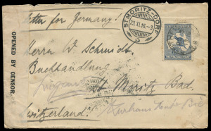 COMMONWEALTH OF AUSTRALIA: Kangaroos - Second Watermark: 2½d Blue solo franking tied by SMITHFIELD (NSW) to 1916 (Oct 15) cover endorsed "Letter for Germany" addressed to Switzerland, black on white censor tape at left, superb ST MORITZ arrival datestamps