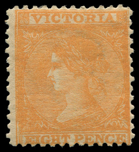 VICTORIA: 1863-73 (SG.112) Laureates 8d orange Wmk '8' P13, small patch of gum loss, otherwise fine mint with large part o.g., undercatalogued at £850. [Only 87,711 stamps issued. Kellow states, at page 172, "It is a rare stamp unused"]