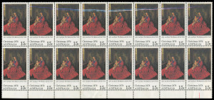 COMMONWEALTH OF AUSTRALIA: Decimal Issues: 1978 15c Christmas BW:825 block of 16 (8x2), upper row with spectacular pre-printing paper fold, fresh MUH. A stunningly impressive item.