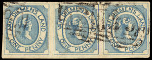 1853 (SG.4) 1d Blue Courier, on thin hard white paper; an exceptional horizontal strip [14,15,16] with good margins all around. Cat.&pound;3600+.Provenance: Maurice Burrus (1962)
