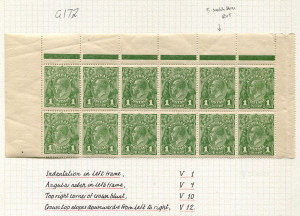 COMMONWEALTH OF AUSTRALIA: KGV Heads - No Watermark: 1d Green Plate 3 block of 12 from top of left pane [V1-V12] with sheet margins intact showing BW listed varieties "Cut in left frame opposite kangaroo's neck" [V/1] and "Notch in left wattles opposite f