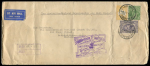 COMMONWEALTH OF AUSTRALIA: Kangaroos - Small Multiple Watermark: 1931 usage of 5/- Grey & Yellow Orange (plus 6d Kingsford Smith & KGV 1d Green) tied by Air Mail SYDNEY '23AP31' datestamp to commercial flight cover addressed to Portland Cement Co in England, endorsed 'Per Australia-England Experimental Air Mail 24-4-31', with flight cachet in violet, minor edge blemishes & vertical fold clear of stamps, BW:45 - $1200 (on cover).