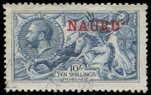 NAURU: 1916-37 mostly mint collection with 1916-22 Overprints on GB ½d to 1/- SG.1-12 plus Seahorses 2/6d brown & 5/- bright carmine (MVLH) SG.21-22 and fine used 10/- pale blue SG.23; 1924-48 Freighters Smooth Paper ½d to 1/- plus Rough Paper 2/6d, 5/- & 10/-, plus Jubilee & Coronation sets both MUH, generally fine mint/MLH, Cat. £900+.