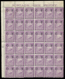 NEW SOUTH WALES: 1888-90 (SG.O39b) 1d mauve Centenary overprinted 'OS' P11x12 block of 36 (6x6) from upper section of right-hand pane, margins intact at left and at top, Row 4 stamp 4 showing Wide 'OS' overprint setting, most stamps, including variety un