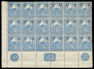 NEW SOUTH WALES: 1888-90 (SG.O40a) 2d Prussian blue Centenary overprinted 'OS' P12 corner block of 18 (3x6) from lower section of right-hand pane, margins intact at left & at base showing the three monograms 'CP' 'G Pr O/NSW' & '1888', upper row MLH, lower two rows MUH.