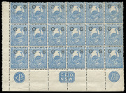 NEW SOUTH WALES: 1888-90 (SG.O40a) 2d Prussian blue Centenary overprinted 'OS' P12 corner block of 18 (3x6) from lower section of right-hand pane, margins intact at left & at base showing the three monograms 'CP' 'G Pr O/NSW' & '1888', upper row MLH, low
